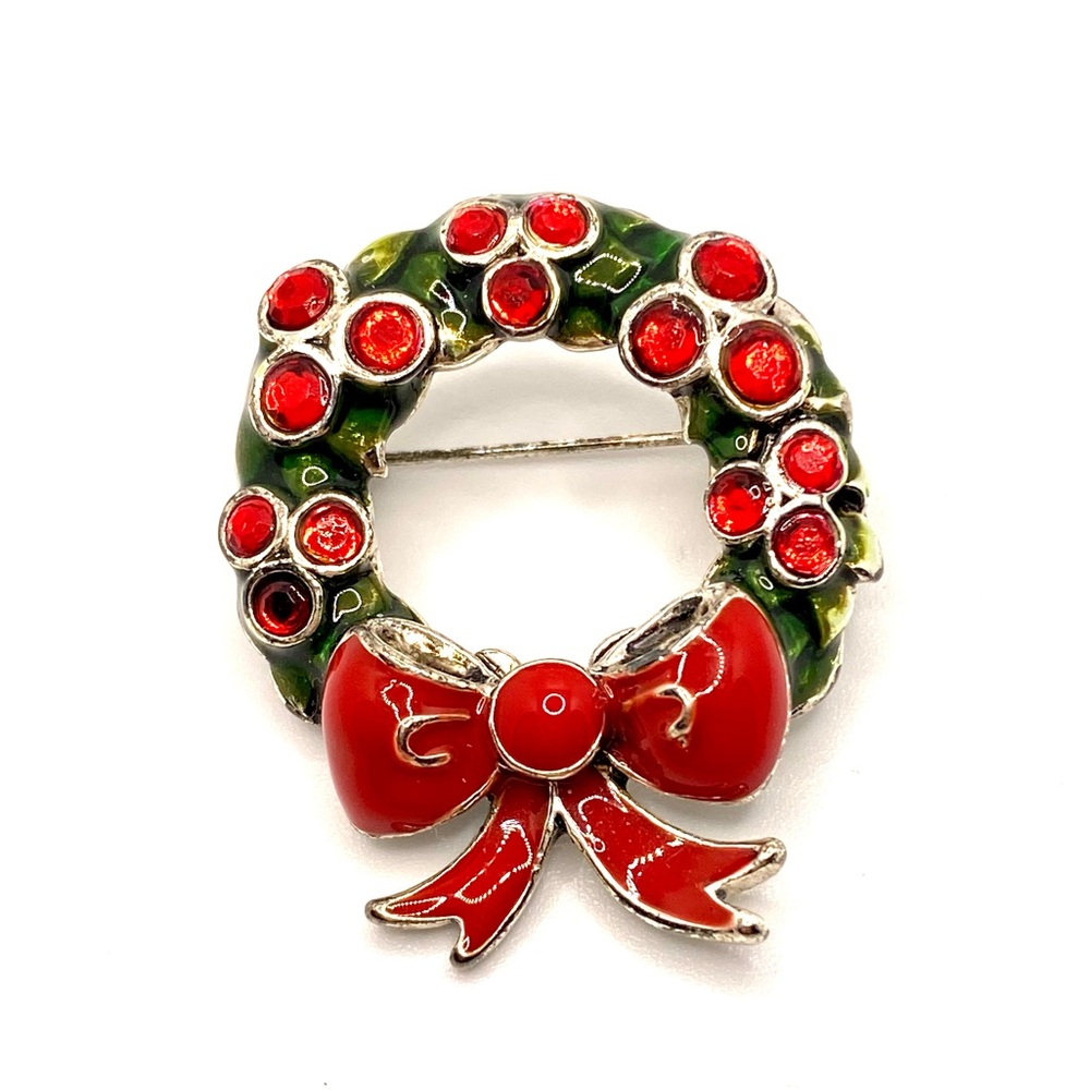 Vintage Enamel and Rhinestone Christmas Holiday Wreath Brooch Pin Pendant D001